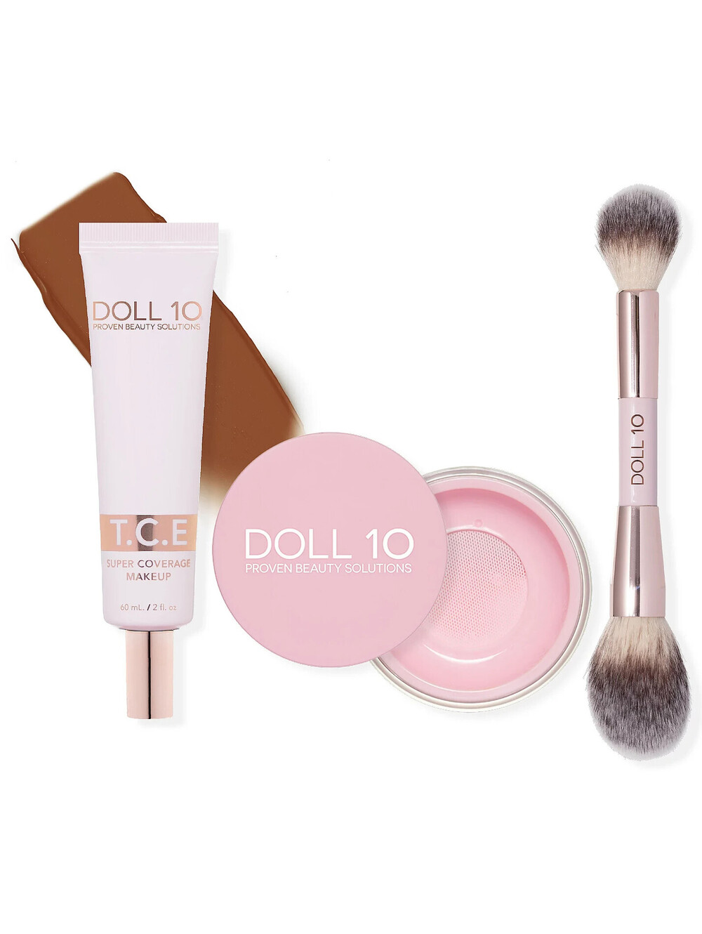 Doll 10 Super-Size TCE Foundation, Pink Powder,and Brush 3pc Set